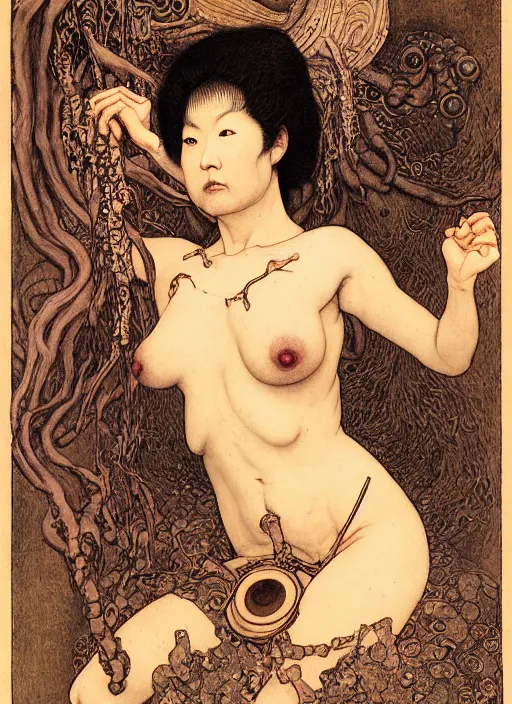 Prompt: hyper realistic traditional japanese illustration of ats tribalfusion bellydaner, fully dressed, in the style of austin osman spare, wayne barlowe, gustav moreau, goward, gaston bussiere and roberto ferri, santiago caruso, bouguereau, klimt, saturno butto, sorayama. occult art, alchemical diagram