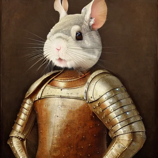 Image similar to renaissance portrait painting of a chinchilla in a suit of armor, artstation, highly detailed