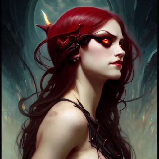 Prompt: Portrait of succubus girl, D&D, red eyes, face, fantasy, intricate, elegant, highly detailed, digital painting, artstation, concept art, smooth, sharp focus, illustration, art by artgerm and greg rutkowski and alphonse mucha