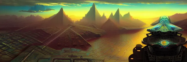 Image similar to a sprawling cybernetic temple, a large hi - tech city, and a river surrounded by fractal mountains, volumetric clouds, cybernetic faces, vaporwave aesthetic, colorful, psychedelic, digital painting, artstation, concept art, smooth, sharp focus, illustration, art by artgerm and greg rutkowski and alphonse mucha