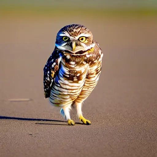 Image similar to a picture of a burrowing owl sitting with his legs splayed out to the sides