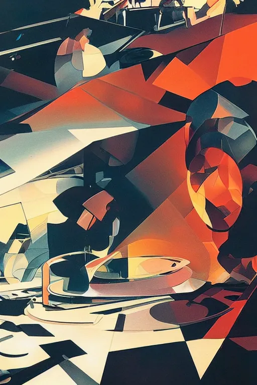 Image similar to wideangle action, portrait, musiacian in the flow zone, decoherence, synthwave, glitch!!, fracture, vortex, realistic, hyperdetailed, concept art, golden hour, art by syd mead, cubism