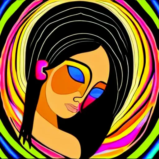 Prompt: tan latina woman, landscape, entering fourth dimension, third eye, prominent rosy cheek bones, black hair and brown eyes, psychedelic da vinci art style,