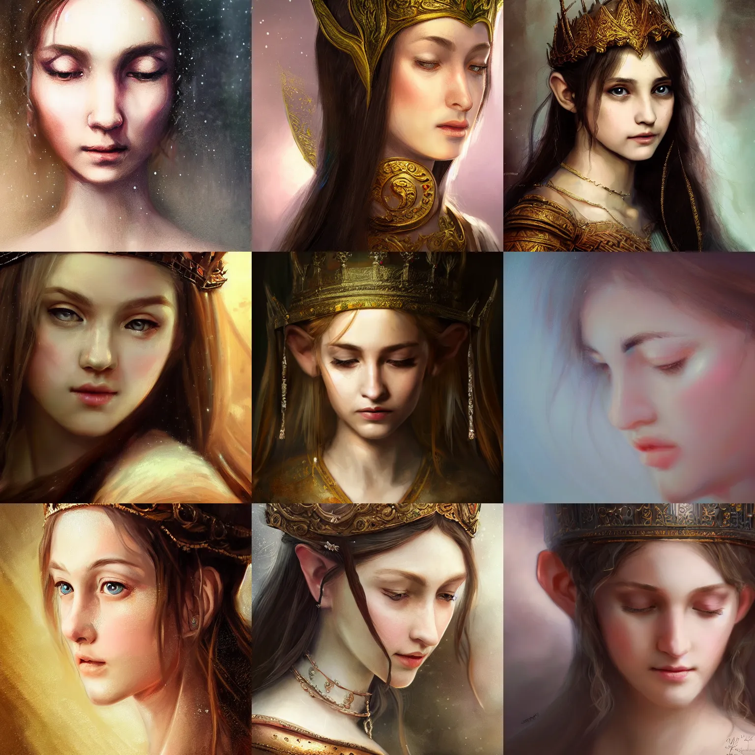 Prompt: detailing character concept portrait painting of sacred elvish young beautiful queen, art station, trending, editor’s pickup, delicate detailing by Rembrandt, 3/4 view, cinematic lighting, simple background, medium close up shot, super sharp