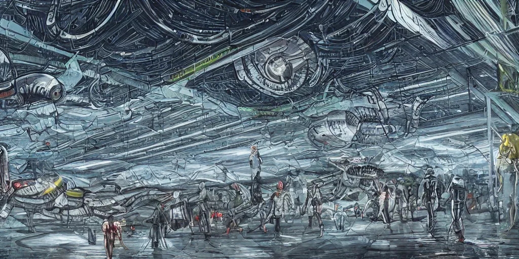 Prompt: sci - fi alien squad in wet cloaks, infiltrating on the ceiling of the mega - structure facility at midnight storm, lightning, hyper - detailed, art