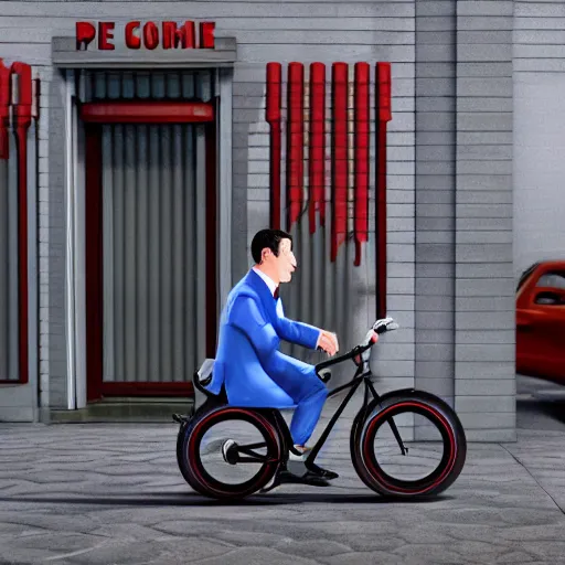 Image similar to Pee-Wee Herman on his bike outside an Adult Movie theater, digital art, hyper realistic, 8k