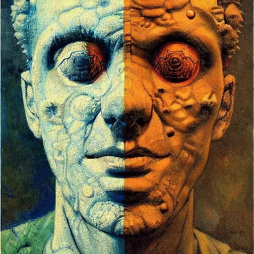 Image similar to a sculpture portrait made of bacteria and virus and molecules and atoms, painting part by wojciech siudmak, part by ilya repin, part by max ernst, part by norman rockwell, artstation