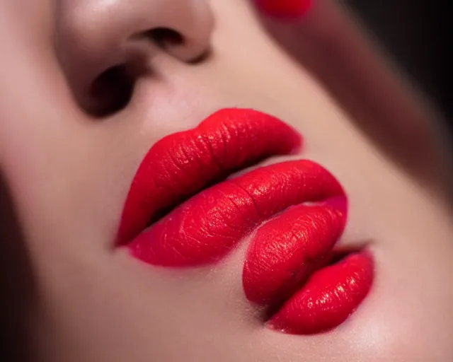 Prompt: big plump lips with red lipgloss reflecting on the surface. closeup of a devilish long tongue sticking out.