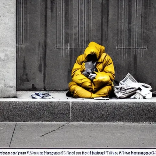 Prompt: homeless read newspaper the right amount of details, the skillful use of light and shadow interesting color choices a believable and appropriate perspective an artistically pleasing composition a ( high ) degree of realism