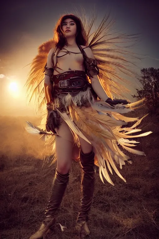 Prompt: beautiful young wind spirit, leather top, feather skirt, , golden hour, full body, post apocalyptic setting, medium shot, mid-shot, highly detailed, trending on Artstation