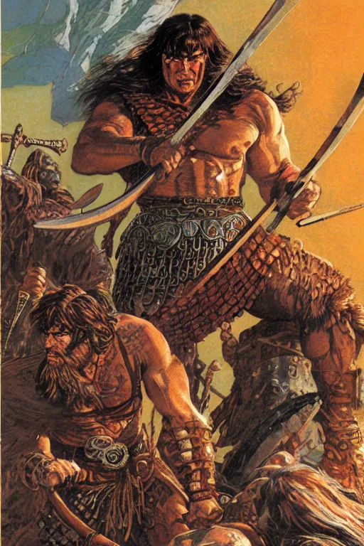 Prompt: a stunning and hypnotic full-color ancient art nouveau styled action shot of conan as a violent barbarian king with stony and condemning eyes, extremely detailed and brusque swarthy facial structure, rune-engraved armor, perfectly symmetrical facial structure and linework, proud and honorable facial characteristics, by bill sienkiewicz, michael kaluta, travis charest and thomas kinkade, dark sci-fantasy, deep complexity, precisely accurate male muscle anatomy, muscular male hero, RPG character concept art, photorealism, stunning framing, dim volumetric lighting, hyperrealism, 8k
