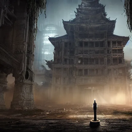 Image similar to scary ghost staying in the middle of abandoned huge temple, matte painting, hyper realistic render, cryengine, unreal engine, cyberpunk, dark art, digital art