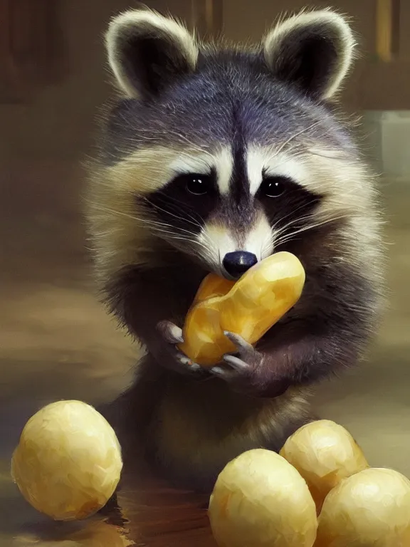 Prompt: A ultradetailed beautiful panting of a very cute racoon with a playful smile stealing a bag of potatoes, oil panting, high resolution 4K, by Ilya Kuvshinov, Greg Rutkowski and Makoto Shinkai