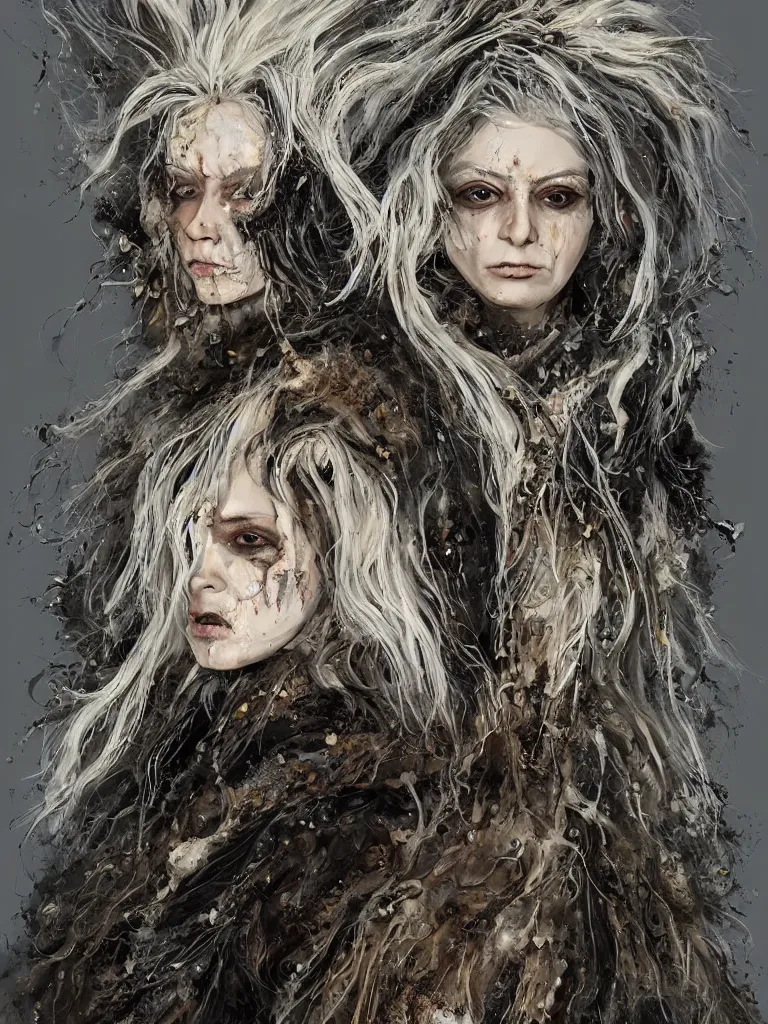 Prompt: splatterpunk portrait of an old witch with cream coloured hair wearing a heavy dark feathered and fur lined cloak in a cloistered woodland, James Gleeson inspired, golden accents, face, fantasy, intricate, highly detailed, digital painting, artstation, concept art, smooth, sharp focus, illustration, art by Wei Fan and Fernanda Suarez and Artem Demura and alphonse mucha