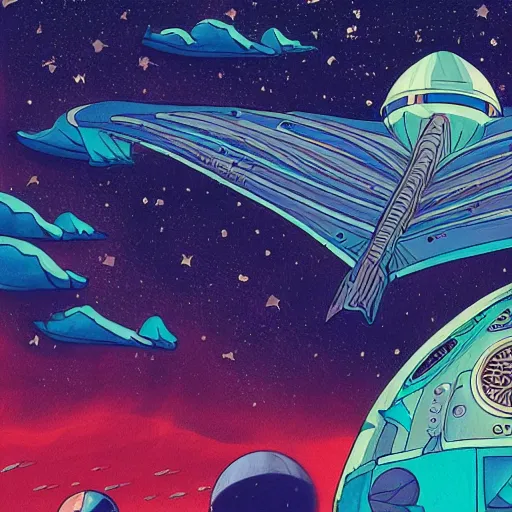 Prompt: a drawing of a alien futuristic space rocket centered with a dark blue background and colorful clouds with stars from akira, centered, graduation album cover color palette by martine johanna and simon stalenhag and chie yoshii and casey weldon and wlop ornate, dynamic, particulate, rich colors, intricate, elegant, highly detailed, vogue, harper's bazaar art