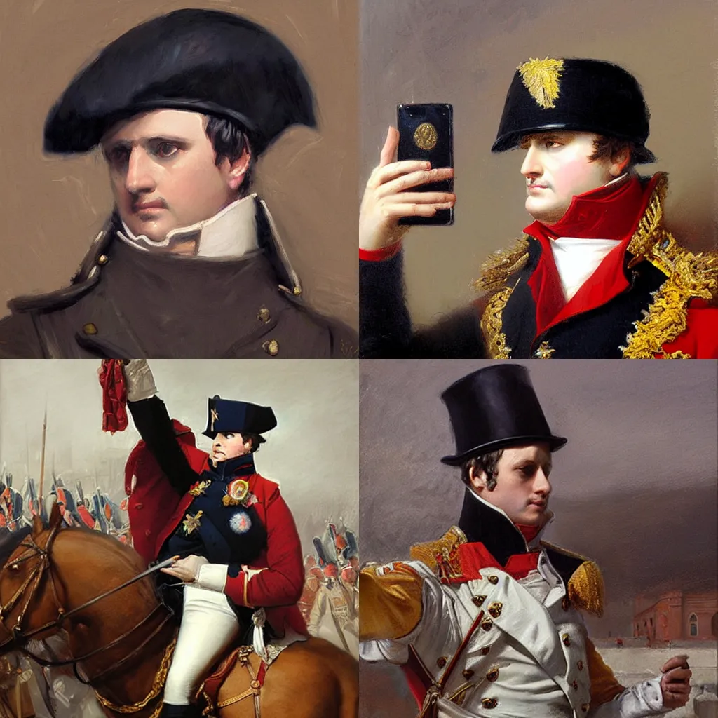 Prompt: Napoleon Bonaparte taking a selfie in Waterloo, painting by krenz cushart, wlop,