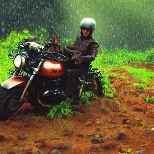 Image similar to a potato riding a motorcycle through the jungle, low angle with rain and lightning, dramatic scene from a movie