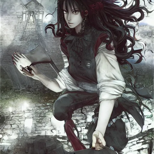 Image similar to goth woman making dinner, color page, tankoban, 4 k, tone mapping, akihiko yoshida, james jean andrei riabovitchev marc simonetti, yoshitaka amano, long hair, curly, h. hydrochaeri