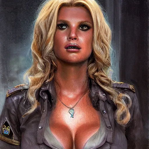 Prompt: jessica simpson as a cop, portrait face and bust in view, haunted house interior, pretty, aesthetic, matte detailed photo, DeviantArt, Artstation, by donato giancola, ralph horley, loish, cinematic lighting