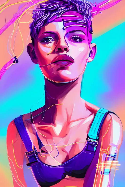 Image similar to a award winning half body portrait of a beautiful woman with stunning eyes in a croptop and cargo pants with ombre purple pink teal hairstyle and hands in pockets by thomas danthony, surrounded by whirling illuminated lines, outrun, vaporware, shaded flat illustration, digital art, trending on artstation, highly detailed, fine detail, intricate