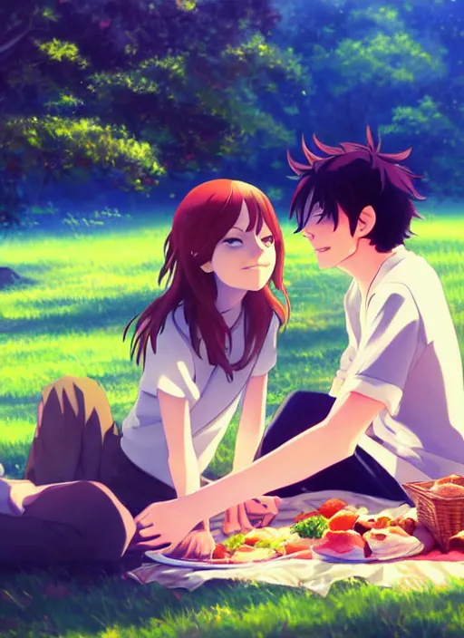 Prompt: beautiful anime painting of a emma stone having a picnic with tom holland, by makoto shinkai, kimi no na wa, artstation, atmospheric, high detail