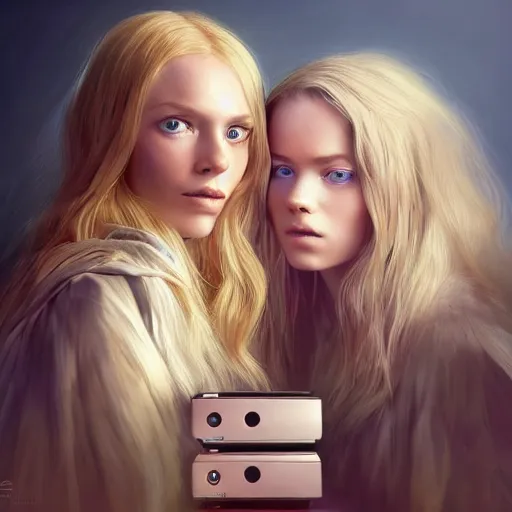 Image similar to beautiful scandinavian female and an xbox one s are best friends, symmetrical face, stunning eyes, long blonde hair, weta disney pixar, hi - fructose, decadent highly - detailed digital painting, golden ratio, octane render, artstation, cinematic composition, smooth, sharp focus, artgerm, mucha, loish, wlop hdr