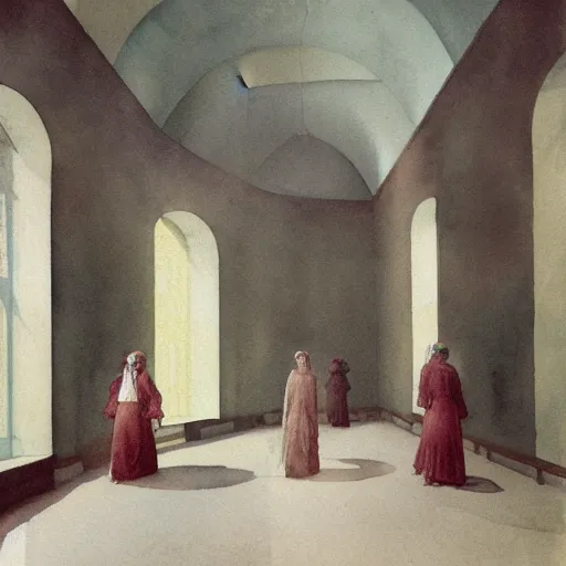 Prompt: a procession of glassy women in an abandoned soviet temple, watercolor by ivan biblin, by hammershøi, art noveau, highly detailed, lights by edward hopper, liminal, eerie, bright pastel colors