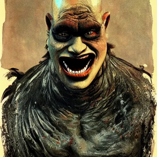 Prompt: monster makeup mask grinning one-eyed grimpunk vile reprobate portrait portrait Cyclops Cyclops Polyphemus shrek with tombow norman rockwell greg rutkowski frank frazetta alexandre briclot Dave Dorman splatterpaint