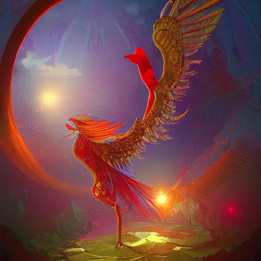 Image similar to the solarpunk phoenix, red bird, ornate egg, regeneration, landscape, epic composition, volumetric light, bokeh, inspired by peter mohrbacher and by alphonse mucha