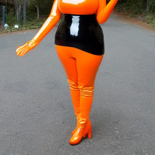 Prompt: Anime big bust girl in orange latex dress and orange latex gloves holding raven feather in her hand