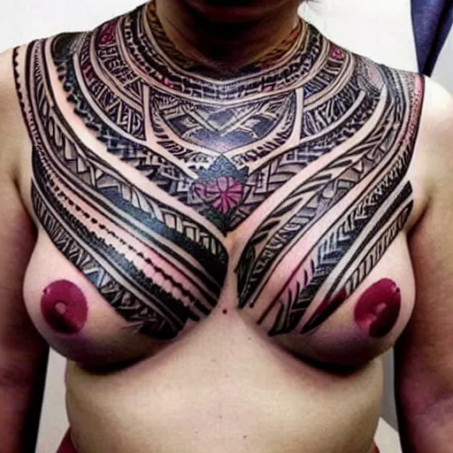 Image similar to tribal tattoo along female chest, epic, psychedelic, intricate detail
