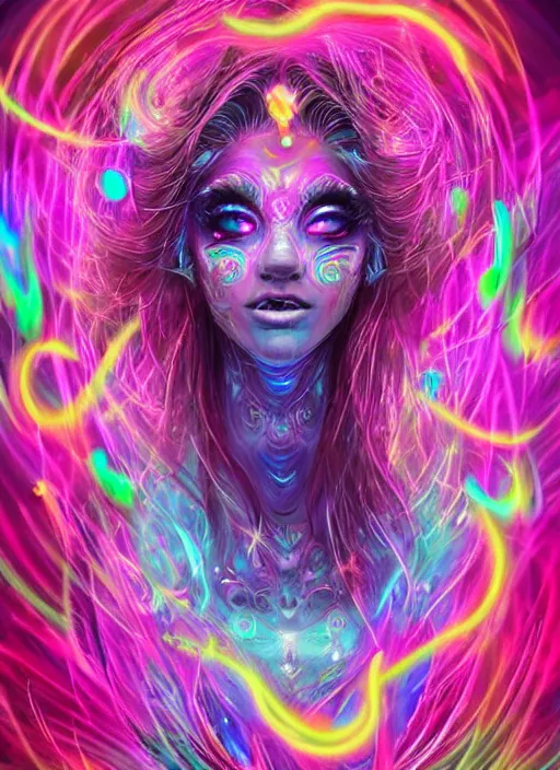 Prompt: psychedelic [ chemiluminescence ] [ [ [ smiling ] ] ] dancing elegant woman chakra spirit, winking one eye, winking at the camera, with pink hair smoke and fluid dynamics, colorful, psychedelic, ornate, intricate, digital painting, concept art, smooth, sharp focus, illustration, blacklight reacting, art by artgerm and greg rutkowski
