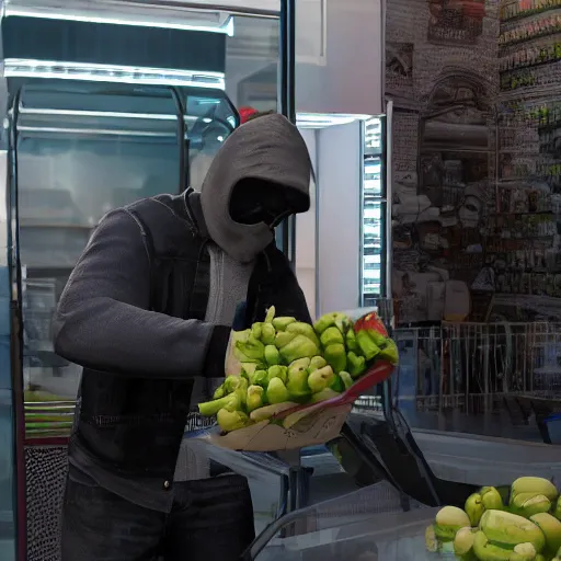 Image similar to a masked man at a self checkout stealing a banana, trending on artstation, depth field, unreal engine, cinematic, hyper realism, high detail, octane cinema 4 d render, a 2 4 cinematography, 8 k