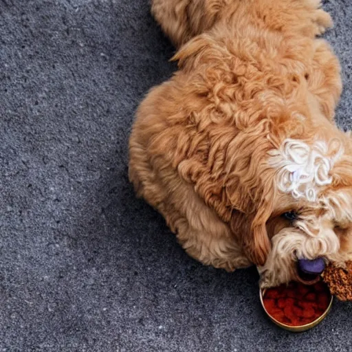 Prompt: a photograph of a goldendoodle eating dogfood, crisp