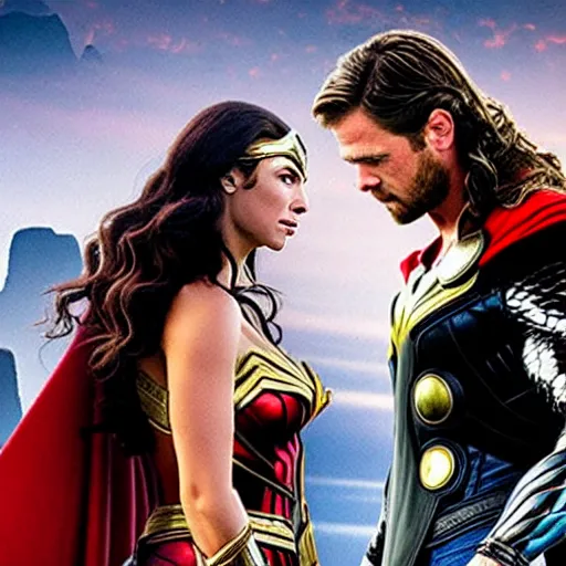 Image similar to thor and wonder woman love scene new marvel movie, cinematic still, romantic lighting