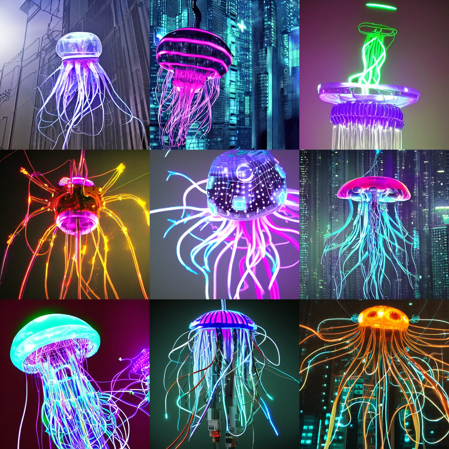 Prompt: Cyberpunk electric jellyfish, sparks emitted from its tentacles