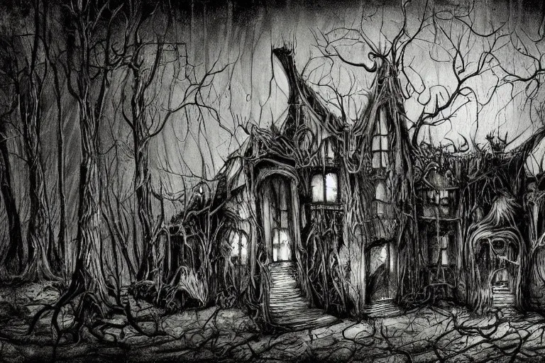 Image similar to mad horror painting of a futuristic alien witch house from another dimension in the woods by ben templesmith