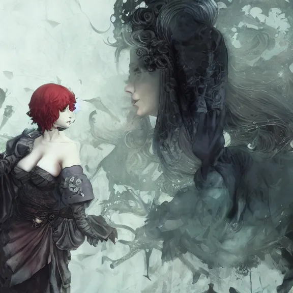 Image similar to christina hendricks!!!!! goth!!!!!, tankoban, 4 k, tone mapping, akihiko yoshida, james jean andrei riabovitchev marc simonetti, yoshitaka amano, long hair, curly, h. hydrochaeri