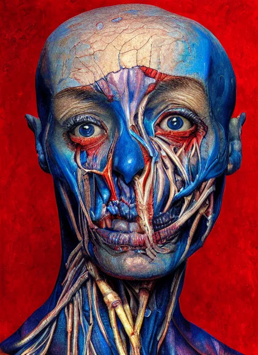Image similar to highly detailed and textured painting of a deformed anatomical portrait, emotionally expressive, highly detailed oil painting, soft light 4 k, red, blue and purple colour palette, cinematic composition, cinematic lighting, sharp focus, masterpiece by ernie barnes and jenny saville