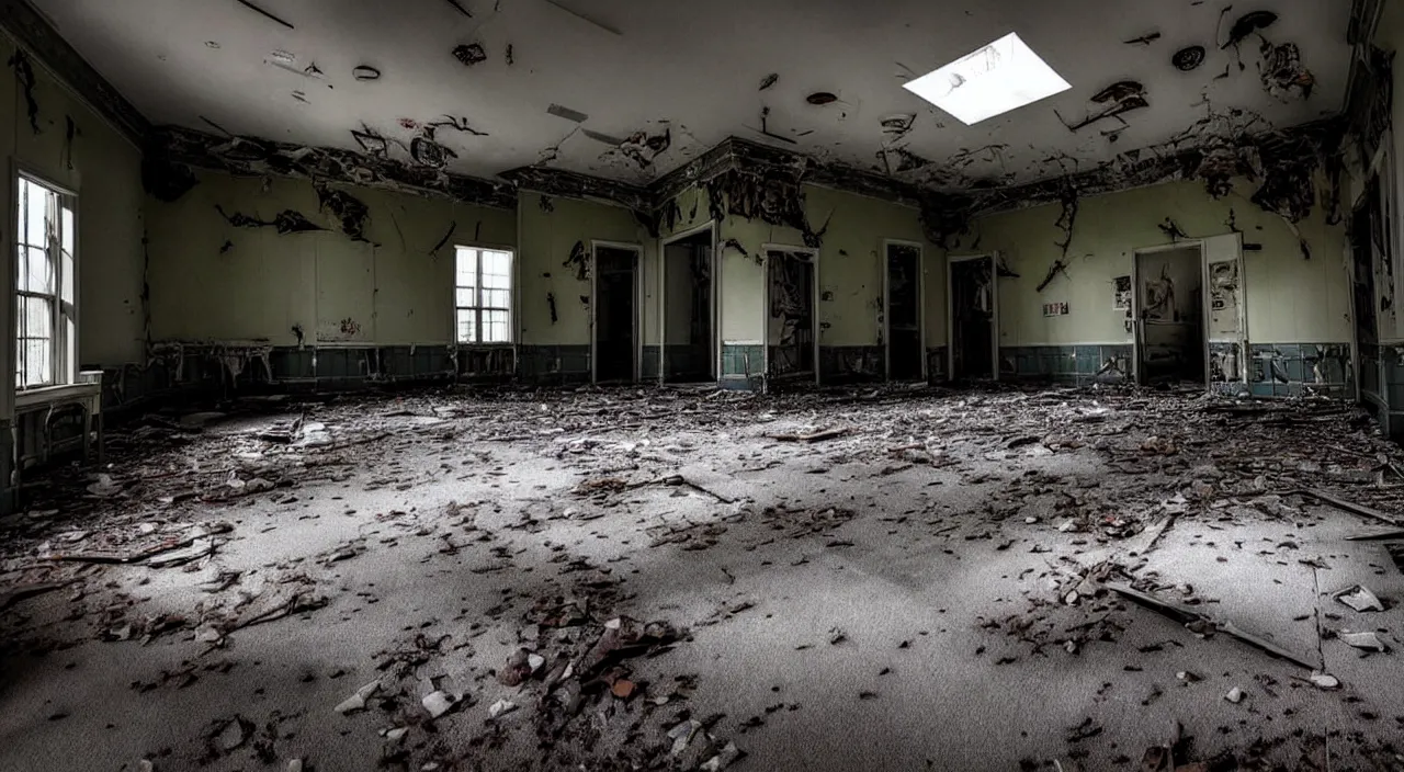 Image similar to photograph of the inside of a rotting abandoned hospital with a checkered floor, dark, no windows, horror | joe biden barely in view in the corner with a demonic grin on his face