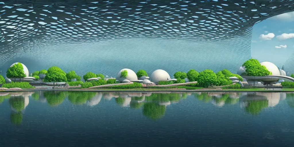 Image similar to montreal expo 6 7 pavillion, solarpunk, studio ghibli, jean - baptiste monge, octane render, 4 k, symmetry