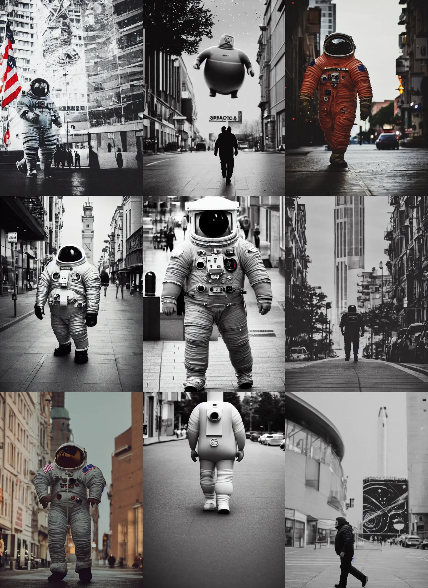 Prompt: a 3 5 mm photo of a enormous towering chubby american astronaut in spacesut walking in legnica, splash art, movie still, bokeh, canon 5 0 mm, cinematic lighting, dramatic, film, photography, depth of field, award - winning, backlighting, overcast, 8 k, hyper detailed, 3 5 mm film grain