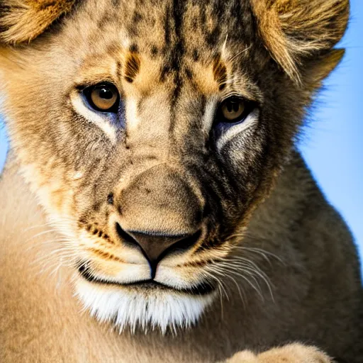 Image similar to Photorealistic photograph of a lion cub by Suzi Eszterhas, photorealism, photorealistic, realism, real, highly detailed, ultra detailed, detailed, 70–200mm f/2.8L Canon EF IS lens, Canon EOS-1D Mark II, Wildlife Photographer of the Year, Pulitzer Prize for Photography, 8k, expo-sure 1/800 sec at f/8, ISO 400