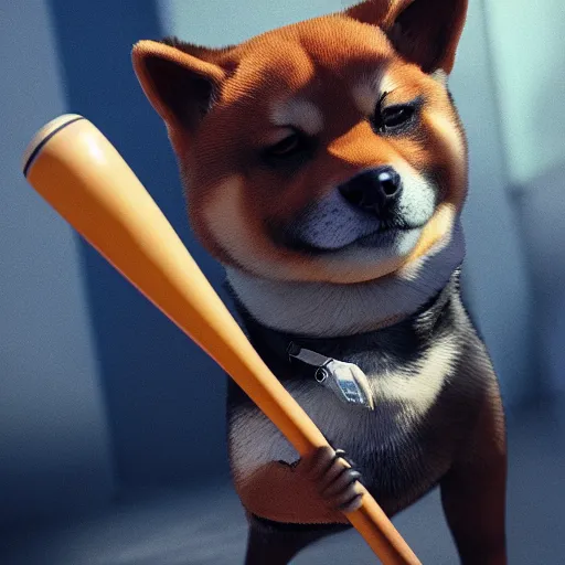 Prompt: shiba inu holding a baseball bat with his two hand trying to hit a spot, cinematic lightning, 4 k, ultra detailed, trending on artstation, masterpiece, digital art.