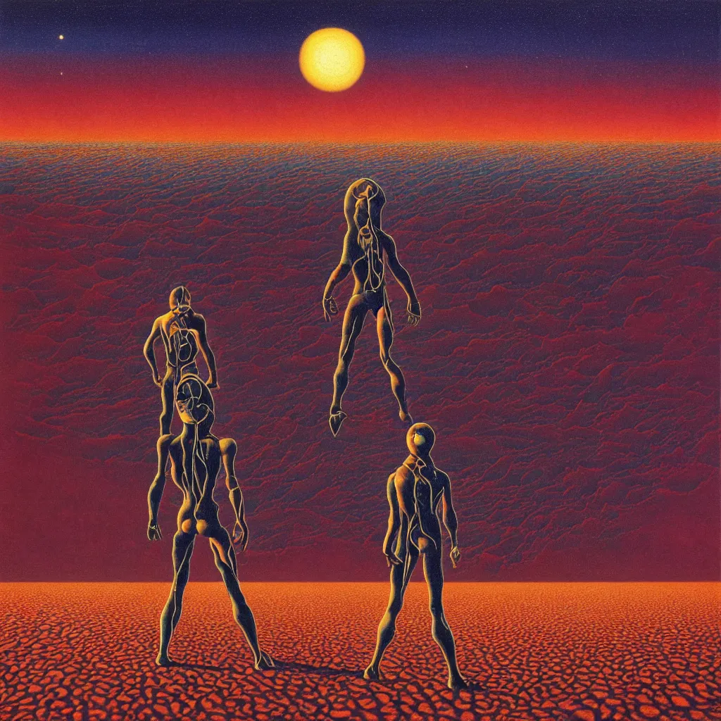 Prompt: high detailed lone person looking to its dying planet on a progressive rock 70s 80s album cover style by Barry Godber, psychedelic, oil paint on canvas, moebius, incal, realistic art, evangelion third impact inspired, Eliran Kantor, sand and desert environment, Eloy band, cinematic, unreal engine, high quality, eerily beautiful, cgsociety, 4K, UHD, Zdzisław Beksiński, by George Caleb Bingham and Donato Giancola and Bob Eggleton, trending on ArtStation, dune, pulp magazines cover art