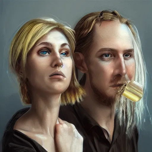 Image similar to a highly detailed portrait of a couple holding a tin can, blonde hair, trending on artstation,