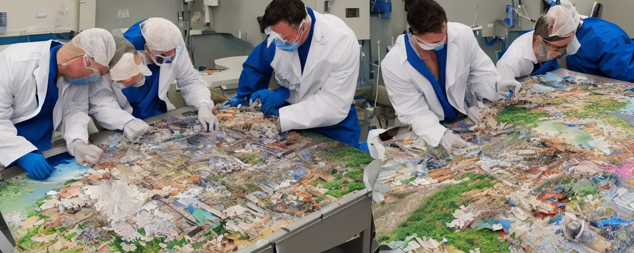 Prompt: three surgeons performing an operation on a 1000 piece jigsaw puzzle of a landscape on an operating table