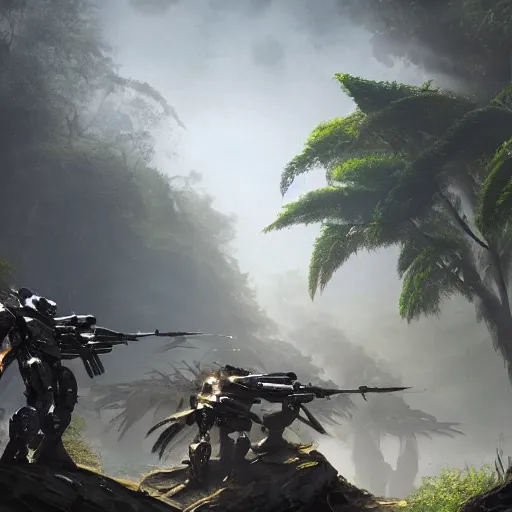 Image similar to Ragtag human militia fighting advanced humanoid combat robots in a jungle in 2020, combat photography by Feng Zhu, highly detailed, excellent composition, cinematic concept art, dramatic lighting, trending on ArtStation