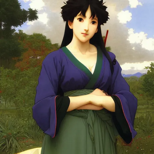 Prompt: A masterpiece head and shoulders portrait of Misato Katsuragi of NGE by Edmund Leighton and William Adolphe Bouguereau and Makoto Shinkai, modern clothing