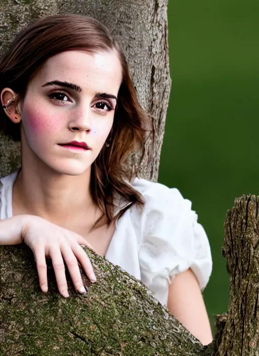 Prompt: facial portrait of emma watson sitting on a tree stump in a field